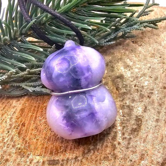 Nature Purple Fluorite Hand Carved Stacking Funny Pumpkin Pendant Necklace - Picture 5 of 10